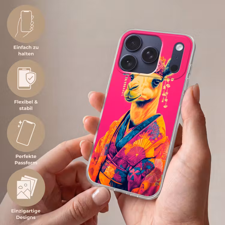 Kameel - Bloemen - Kimono - Waaiers Telefoonhoesje iPhone 17 Pro klein -sfeer3_DE