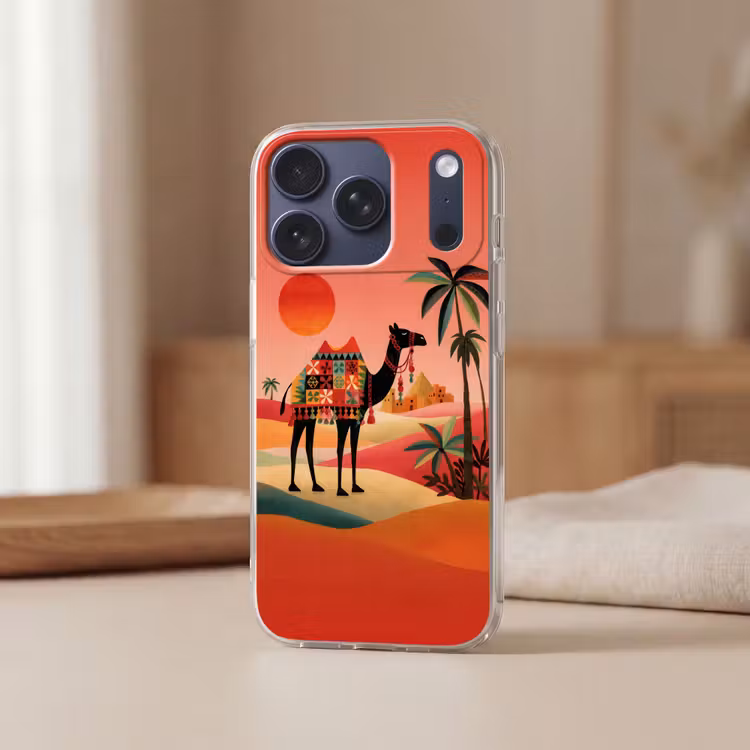 Kameel - Gekleurd tapijt - Duinen - Rode zon Telefoonhoesje iPhone 17 Pro klein -sfeer2