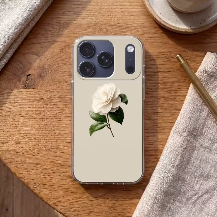 Cameliabloem - Wit - Groen Telefoonhoesje iPhone 17 Pro klein -sfeer1
