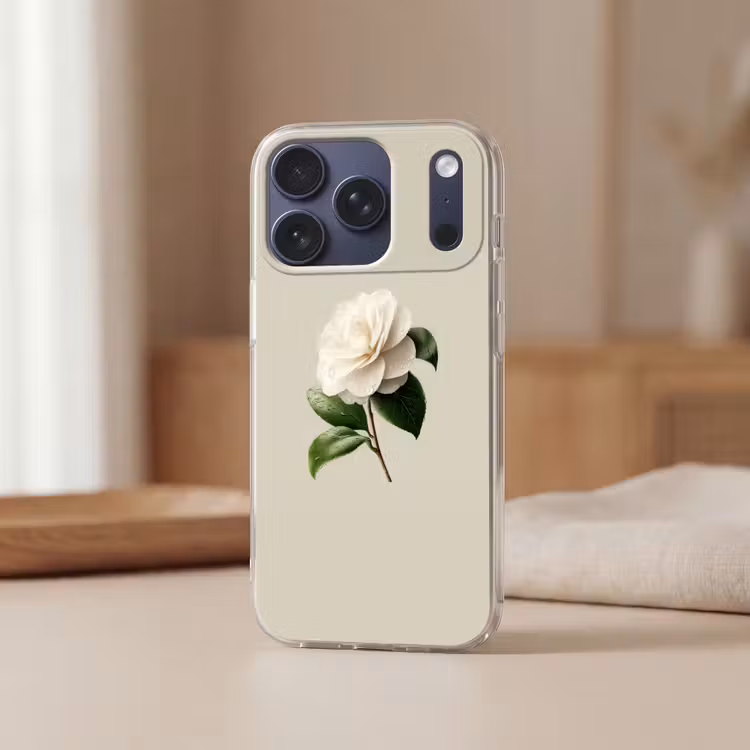 Cameliabloem - Wit - Groen Telefoonhoesje iPhone 17 Pro klein -sfeer2