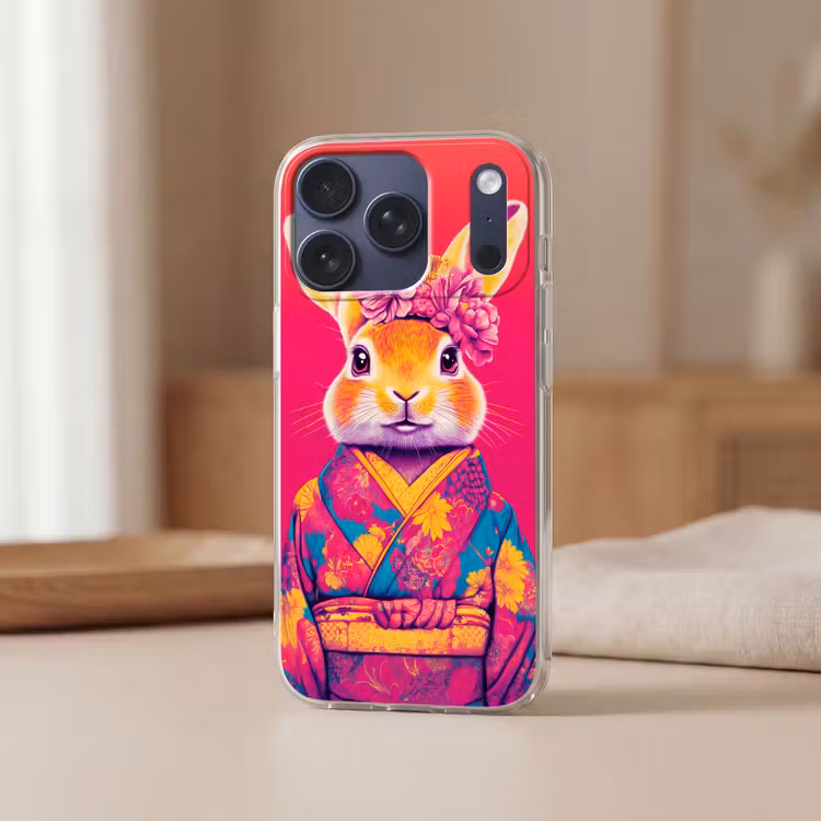 Konijn - Bloemen - Kleurrijk - Kimono Telefoonhoesje iPhone 17 Pro klein -sfeer2