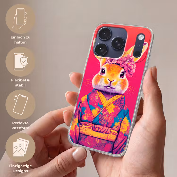 Konijn - Bloemen - Kleurrijk - Kimono Telefoonhoesje iPhone 17 Pro klein -sfeer3_DE