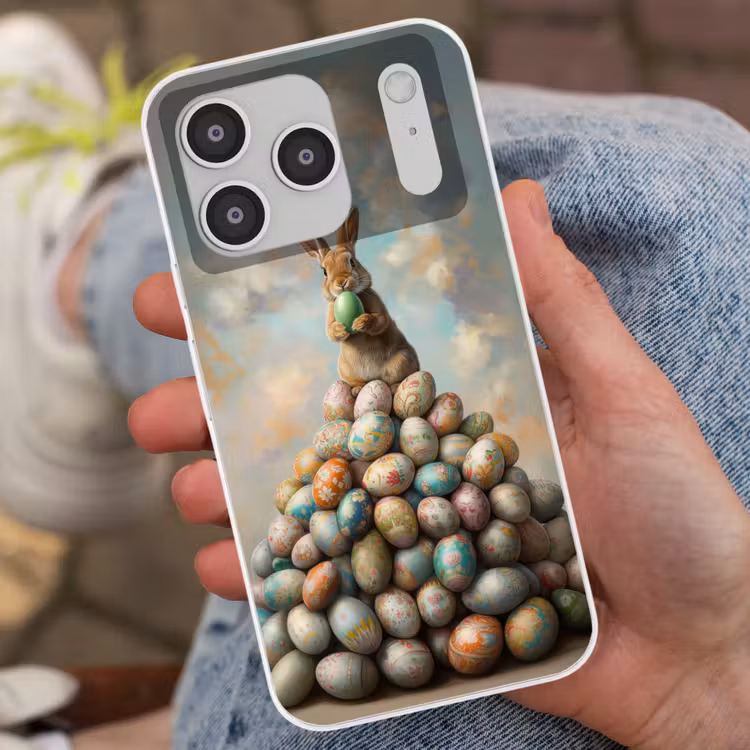 Konijn - Eieren - Kleurrijk Telefoonhoesje iPhone 17 Pro klein -sfeer2