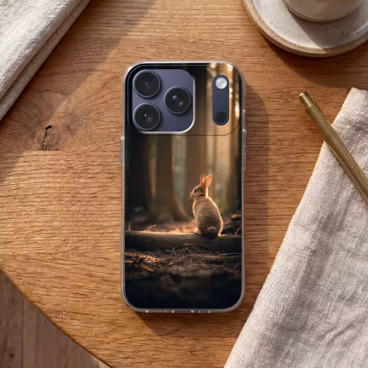 Konijn - Bos - Zonnestralen Telefoonhoesje iPhone 17 Pro klein -sfeer1