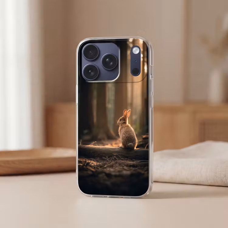 Konijn - Bos - Zonnestralen Telefoonhoesje iPhone 17 Pro klein -sfeer2
