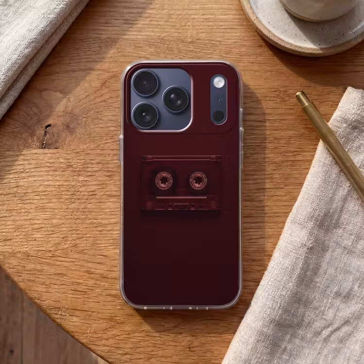 Cassetteband - Bordeaux - Vintage Telefoonhoesje iPhone 17 Pro klein -sfeer1