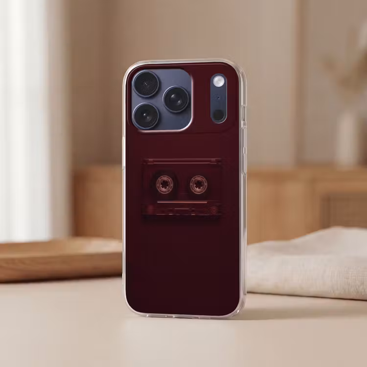 Cassetteband - Bordeaux - Vintage Telefoonhoesje iPhone 17 Pro klein -sfeer2