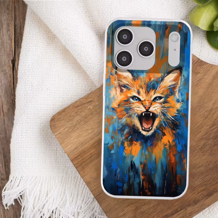 Kat - Kleurrijk - Oranje - Blauw Telefoonhoesje iPhone 17 Pro klein -sfeer1