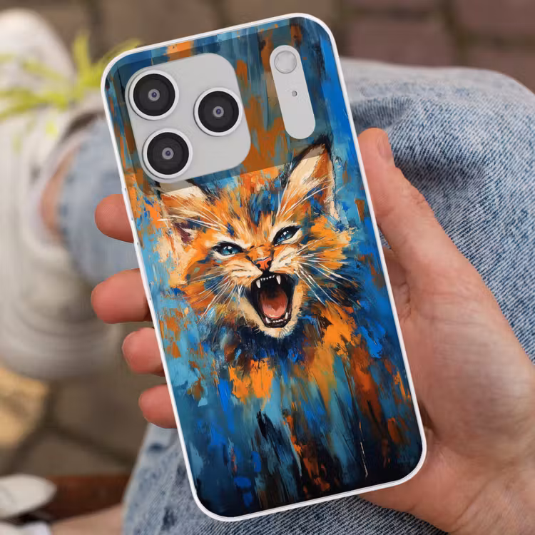Kat - Kleurrijk - Oranje - Blauw Telefoonhoesje iPhone 17 Pro klein -sfeer2