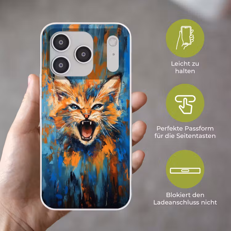 Kat - Kleurrijk - Oranje - Blauw Telefoonhoesje iPhone 17 Pro klein -sfeer3_DE