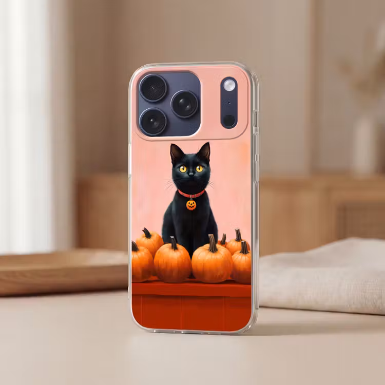 Kat - Pompoen - Roze Telefoonhoesje iPhone 17 Pro klein -sfeer2
