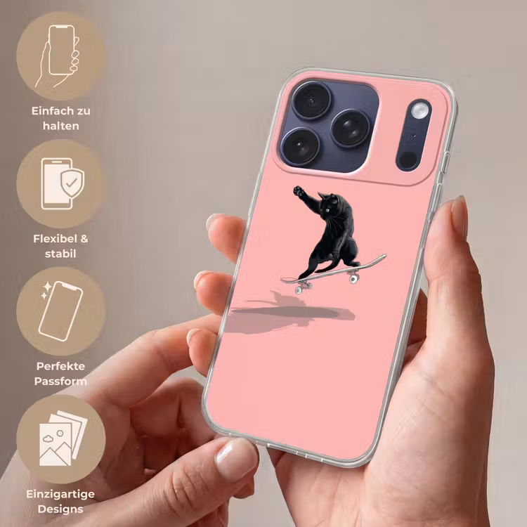 Kat - Skateboard - Roze Telefoonhoesje iPhone 17 Pro klein -sfeer3_DE
