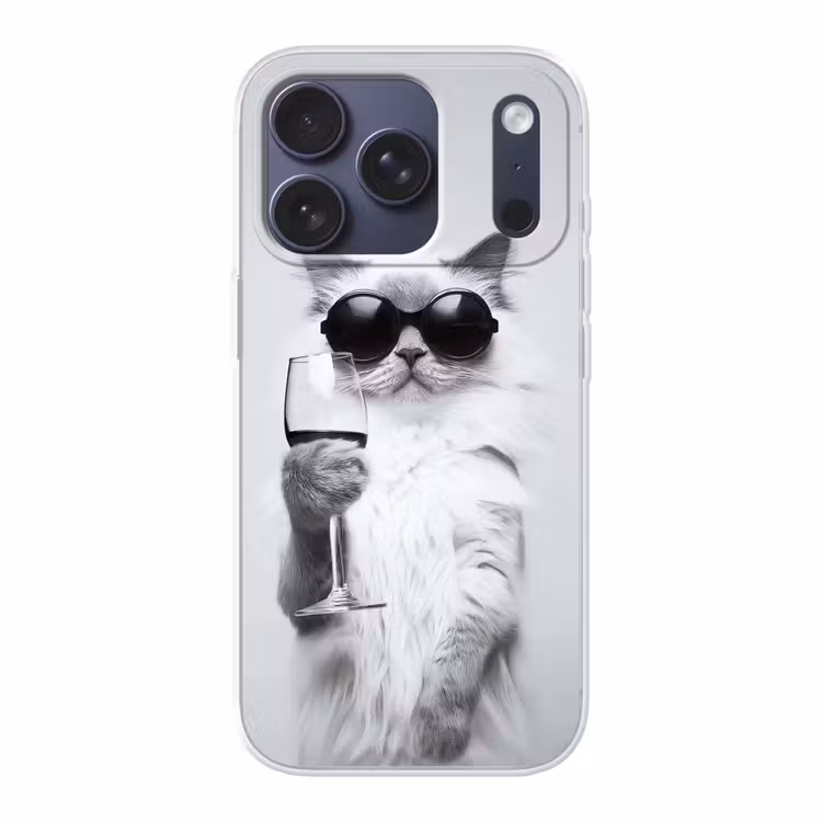 Kat - Zonnebril - Wijnglas - Langharig Telefoonhoesje iPhone 17 Pro klein -3d