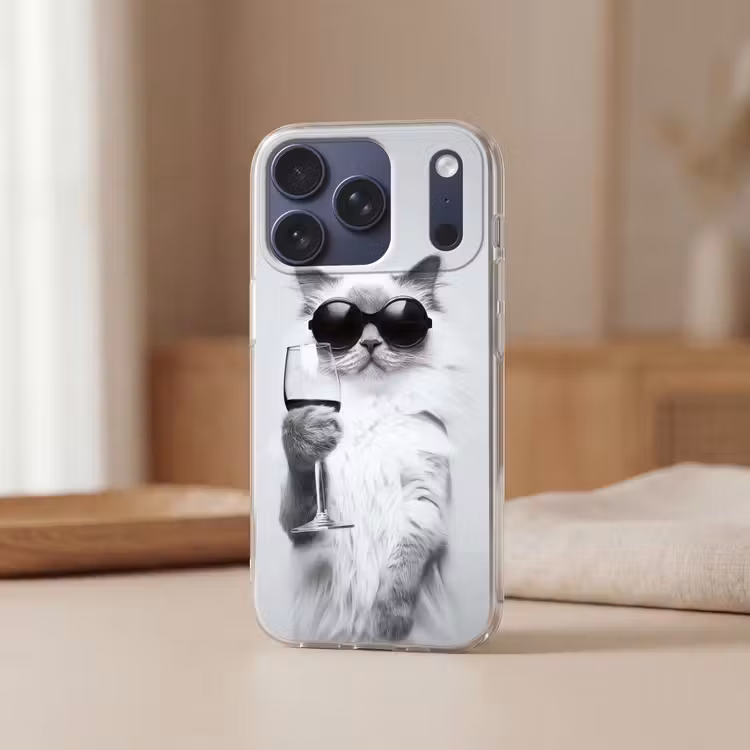 Kat - Zonnebril - Wijnglas - Langharig Telefoonhoesje iPhone 17 Pro klein -sfeer2
