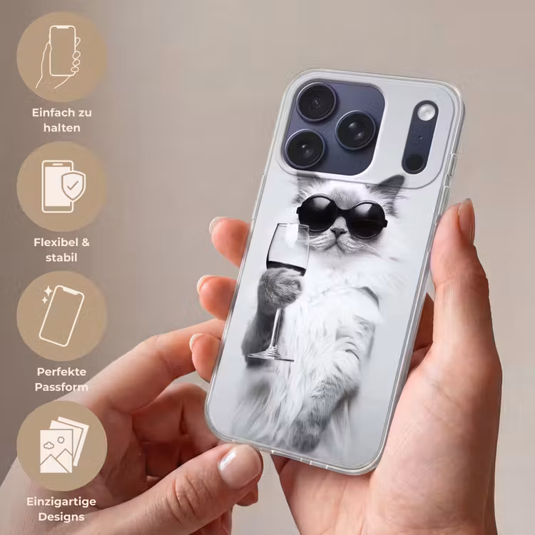 Kat - Zonnebril - Wijnglas - Langharig Telefoonhoesje iPhone 17 Pro klein -sfeer3_DE