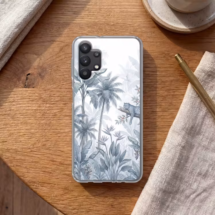 Kat - Tropisch bos - Modern - Grijs Telefoonhoesje Samsung Galaxy A32 5G klein -sfeer1