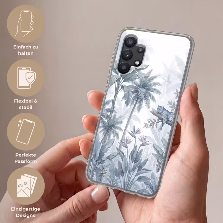 Kat - Tropisch bos - Modern - Grijs Telefoonhoesje Samsung Galaxy A32 5G klein -sfeer3_DE