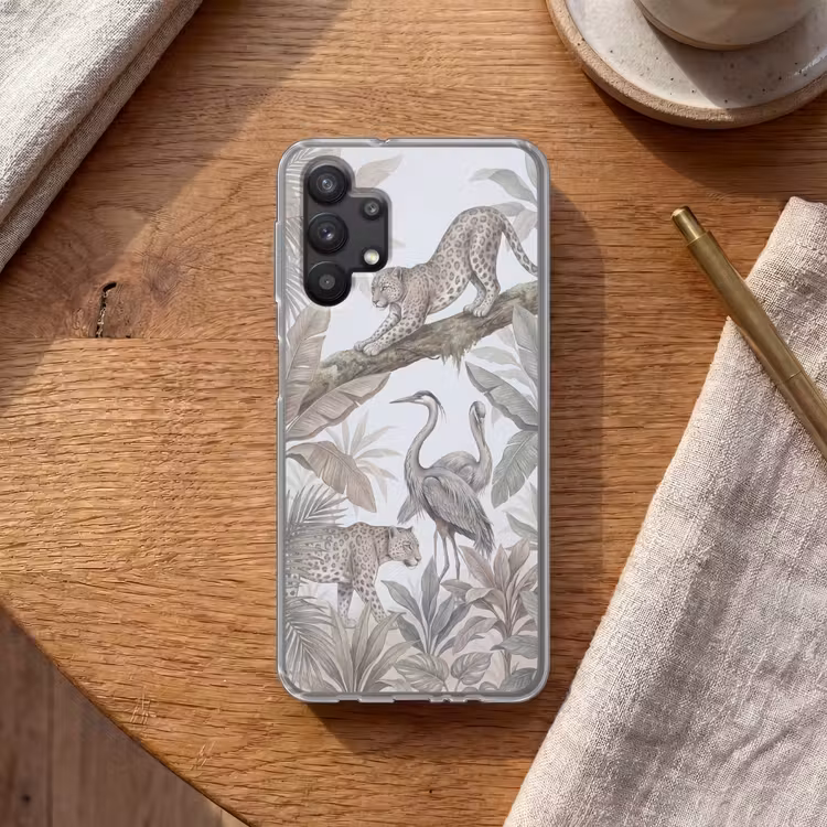 Kat - Vogel - Jungle - Illustratie - Dieren Telefoonhoesje Samsung Galaxy A32 5G klein -sfeer1
