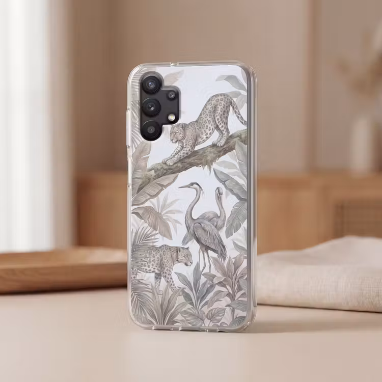 Kat - Vogel - Jungle - Illustratie - Dieren Telefoonhoesje Samsung Galaxy A32 5G klein -sfeer2