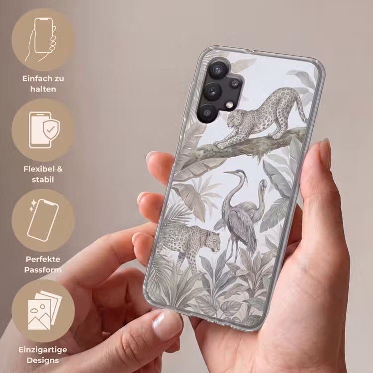 Kat - Vogel - Jungle - Illustratie - Dieren Telefoonhoesje Samsung Galaxy A32 5G klein -sfeer3_DE
