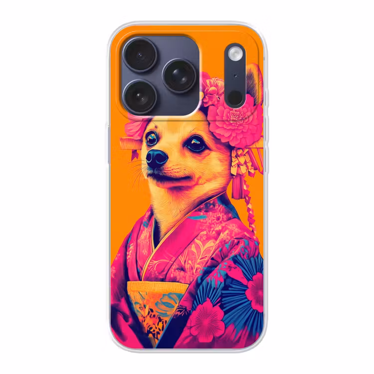Kimono - Hondje - Bloemenkroon - Oranje Telefoonhoesje iPhone 17 Pro klein -3d