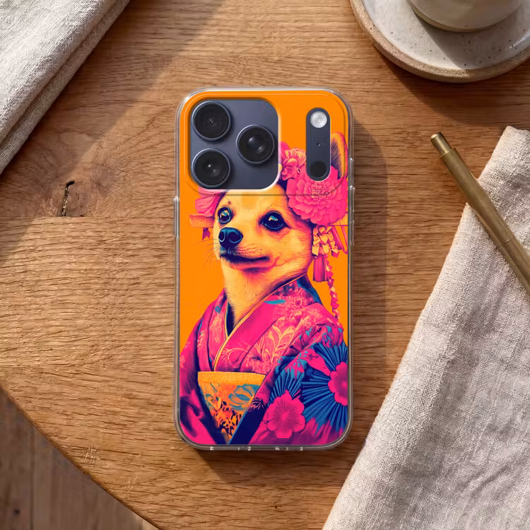 Kimono - Hondje - Bloemenkroon - Oranje Telefoonhoesje iPhone 17 Pro klein -sfeer1