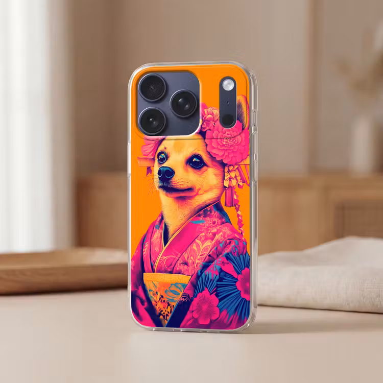 Kimono - Hondje - Bloemenkroon - Oranje Telefoonhoesje iPhone 17 Pro klein -sfeer2