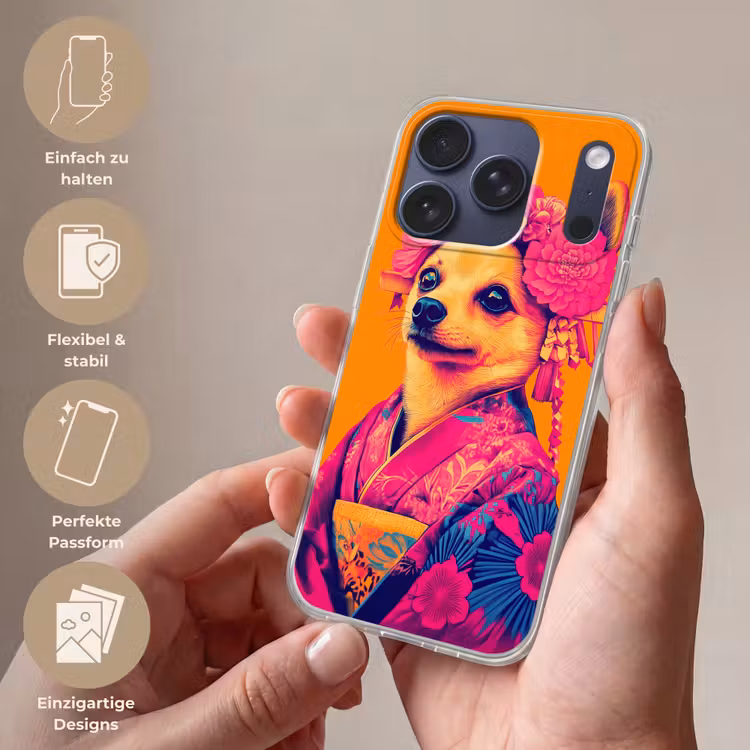 Kimono - Hondje - Bloemenkroon - Oranje Telefoonhoesje iPhone 17 Pro klein -sfeer3_DE