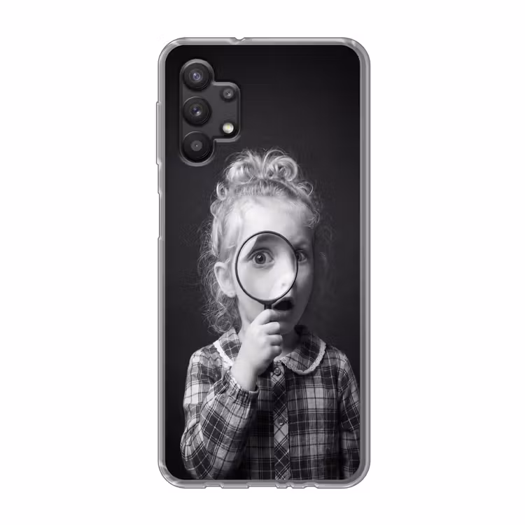 Kind - Vergrootglas - Portret - Zwart-wit Telefoonhoesje Samsung Galaxy A32 5G klein -3d