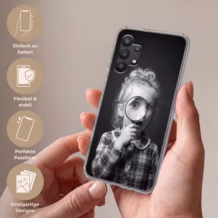 Kind - Vergrootglas - Portret - Zwart-wit Telefoonhoesje Samsung Galaxy A32 5G klein -sfeer3_DE