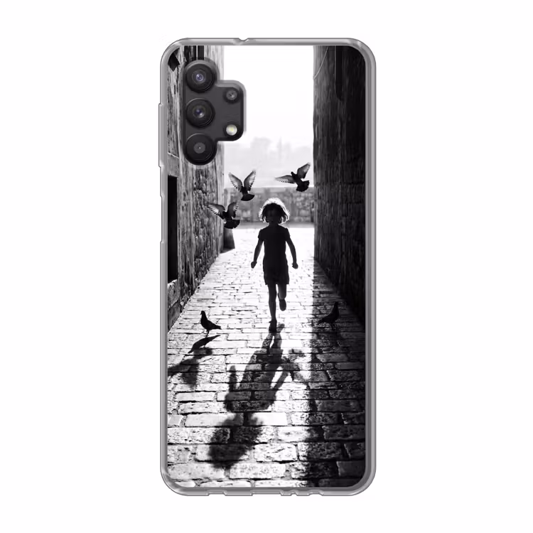 Kind - Vogel - Straat - Zwart-wit - Spelen Telefoonhoesje Samsung Galaxy A32 5G klein -3d