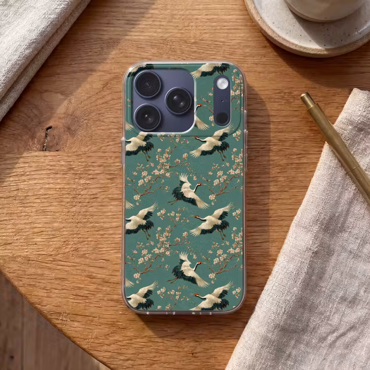 Kersenbloesem - Kraamvogels - Groen Telefoonhoesje iPhone 17 Pro klein 878 -sfeer1