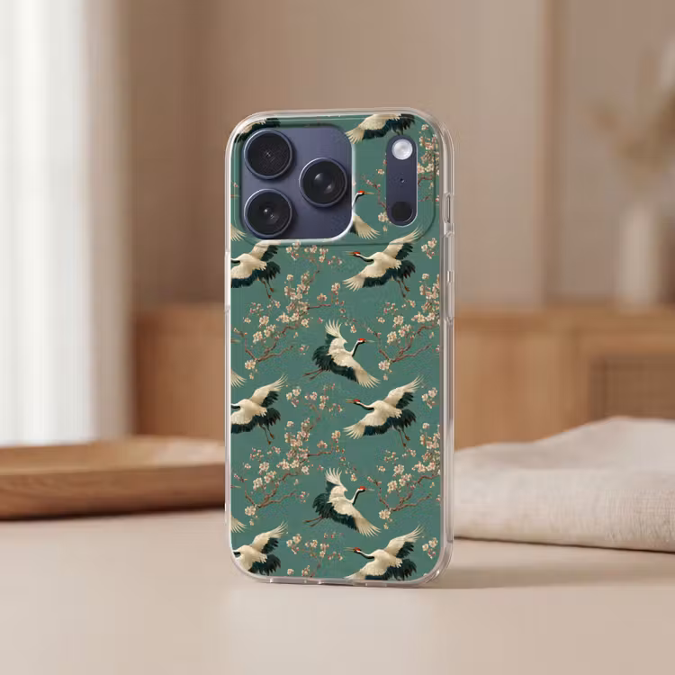 Kersenbloesem - Kraamvogels - Groen Telefoonhoesje iPhone 17 Pro klein 878 -sfeer2