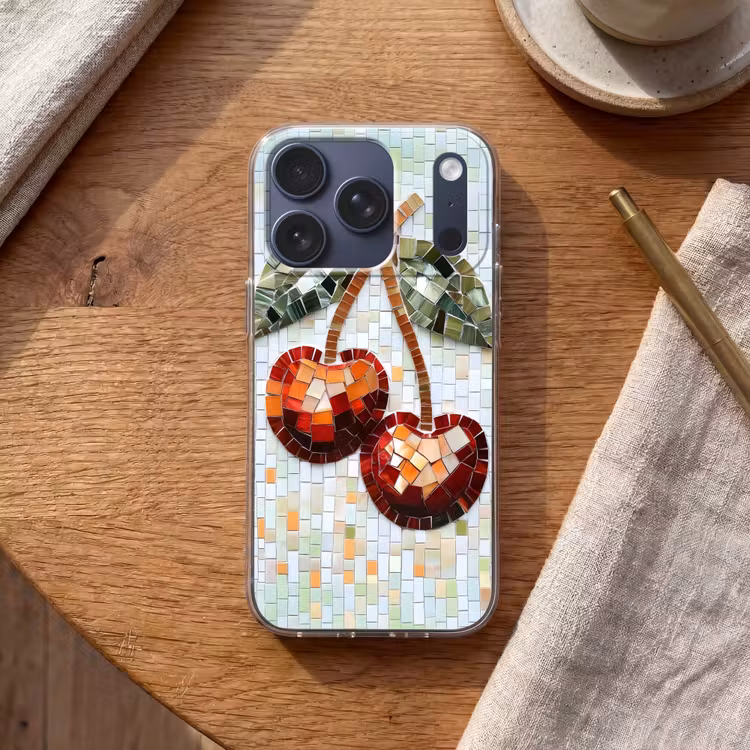 Kersen - Rood - Mozaïek - Blaadjes Telefoonhoesje iPhone 17 Pro klein -sfeer1