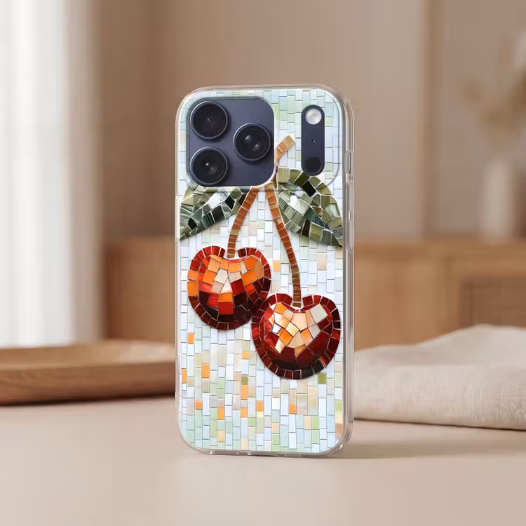 Kersen - Rood - Mozaïek - Blaadjes Telefoonhoesje iPhone 17 Pro klein -sfeer2