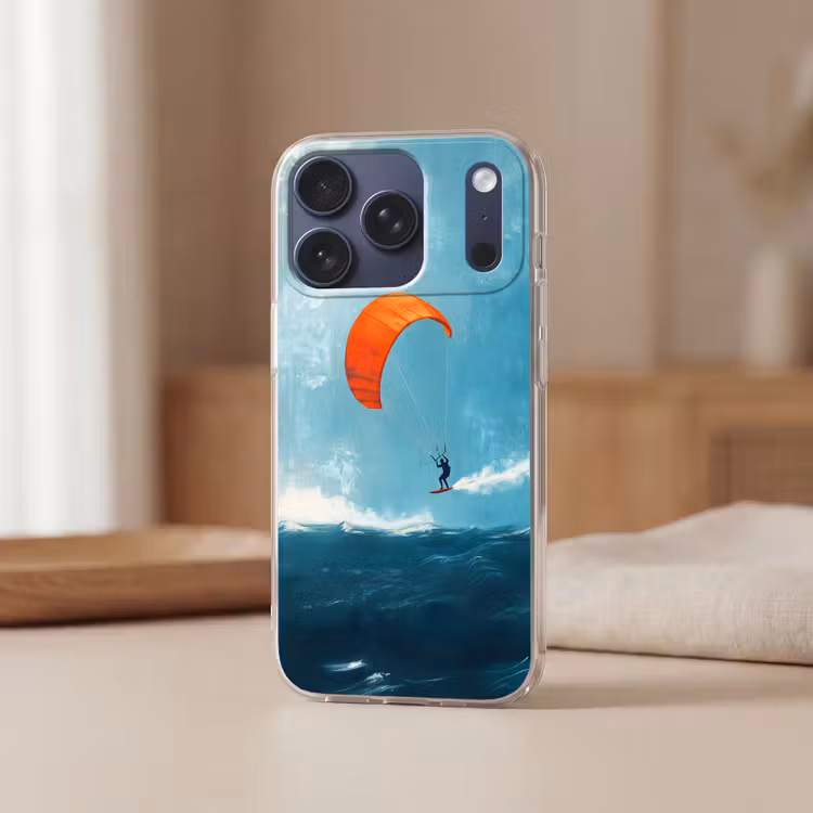 Kitesurfer - Oranje - Zee - Lucht Telefoonhoesje iPhone 17 Pro klein -sfeer2