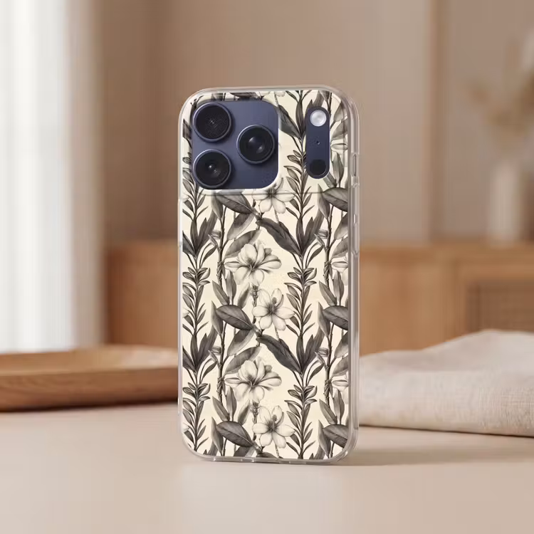 Klassiek - Botanisch - Zwart - Beige Telefoonhoesje iPhone 17 Pro klein 878 -sfeer2