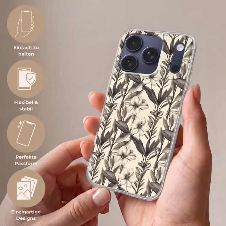 Klassiek - Botanisch - Zwart - Beige Telefoonhoesje iPhone 17 Pro klein 878 -sfeer3_DE