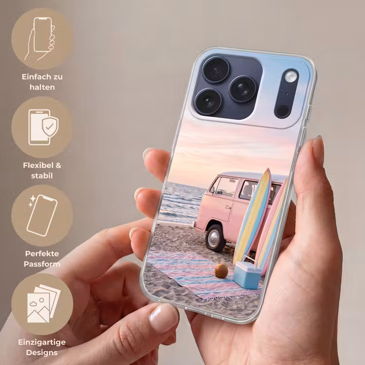 Busje - Strand - Surfplank - Zomer - Roze Telefoonhoesje iPhone 17 Pro klein -sfeer3_DE