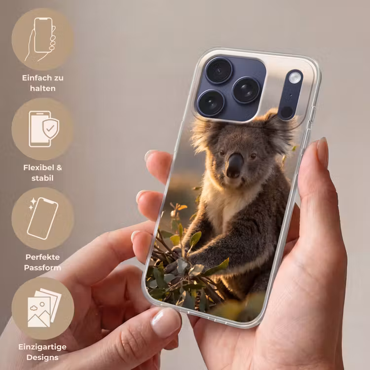 Koala - Bladeren - Ochtendlicht Telefoonhoesje iPhone 17 Pro klein -sfeer3_DE