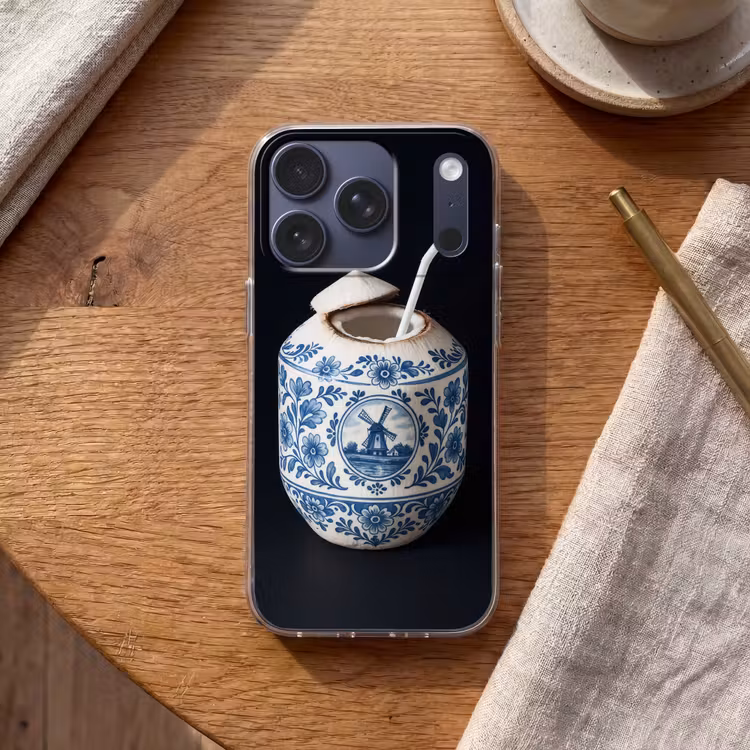 Kokosnoot - Eten - Delfts blauw - Drinken Telefoonhoesje iPhone 17 Pro klein -sfeer1