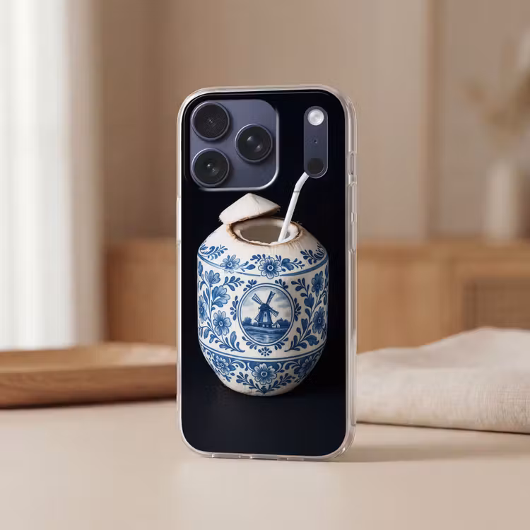 Kokosnoot - Eten - Delfts blauw - Drinken Telefoonhoesje iPhone 17 Pro klein -sfeer2
