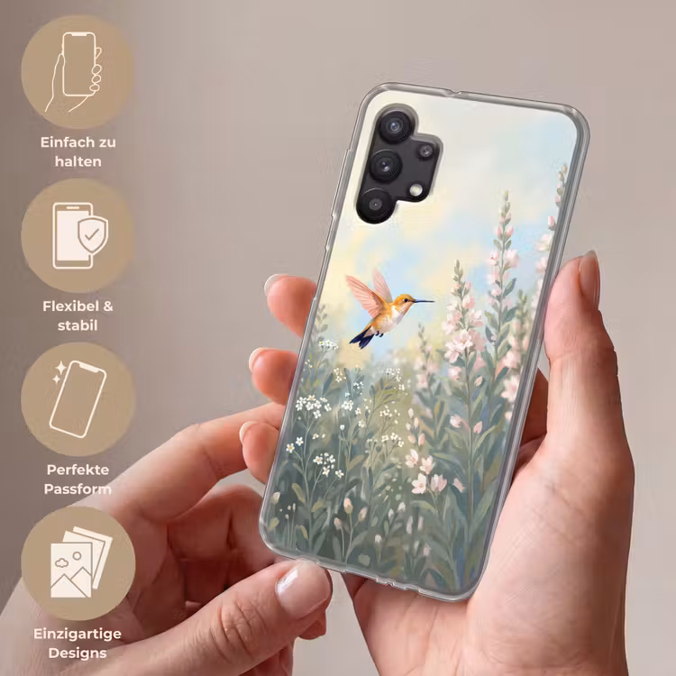 Kolibrie - Illustratie - Kleurrijk Telefoonhoesje Samsung Galaxy A32 5G klein -sfeer3_DE