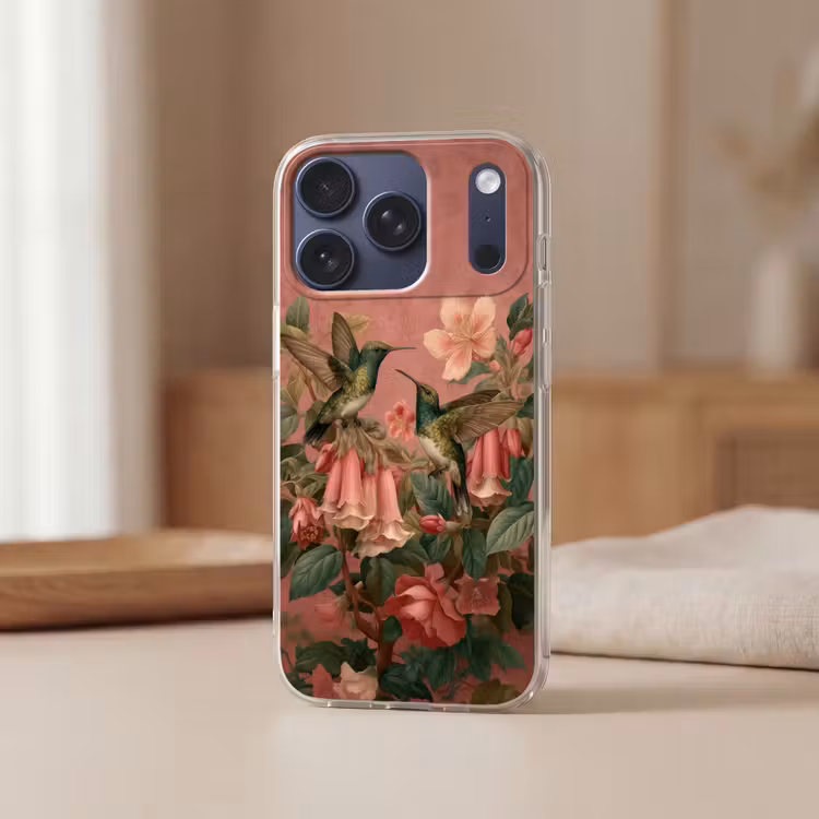 Kolibries - Bloemen - Groen - Roze Telefoonhoesje iPhone 17 Pro klein -sfeer2