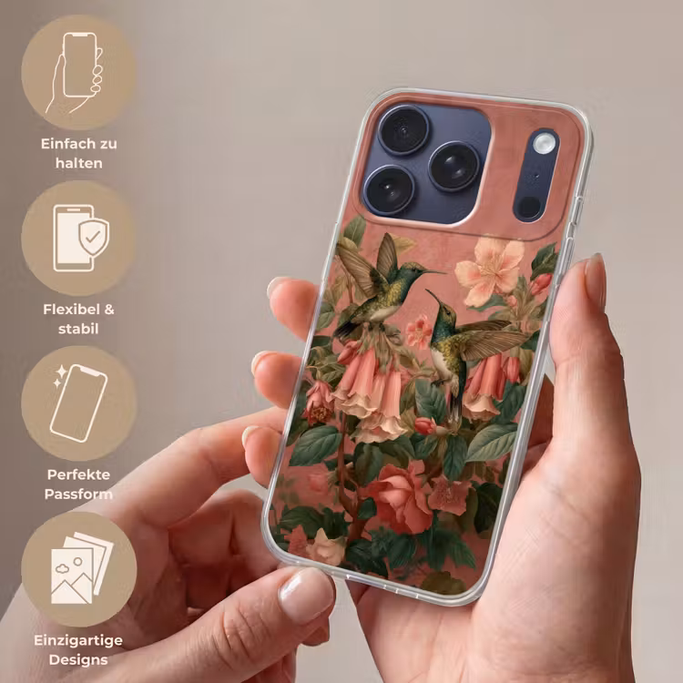 Kolibries - Bloemen - Groen - Roze Telefoonhoesje iPhone 17 Pro klein -sfeer3_DE