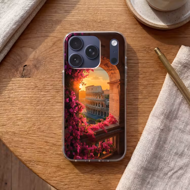 Colosseum - Rome - Roze Bloemen Telefoonhoesje iPhone 17 Pro klein -sfeer1