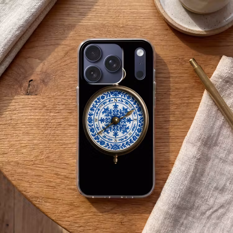 Kompas - Delfts blauw - Zwart Telefoonhoesje iPhone 17 Pro klein -sfeer1