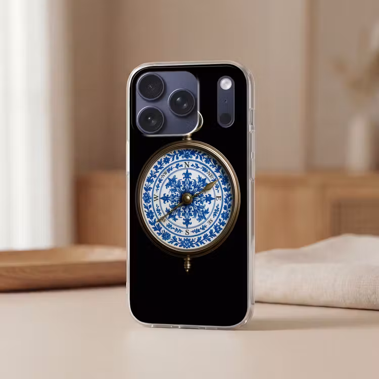 Kompas - Delfts blauw - Zwart Telefoonhoesje iPhone 17 Pro klein -sfeer2
