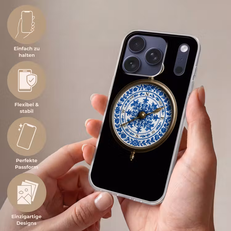 Kompas - Delfts blauw - Zwart Telefoonhoesje iPhone 17 Pro klein -sfeer3_DE