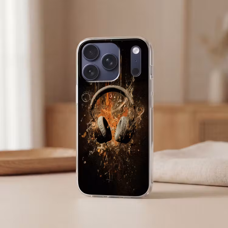 Koptelefoon - Bruin - Dynamische penseelstreken Telefoonhoesje iPhone 17 Pro klein -sfeer2
